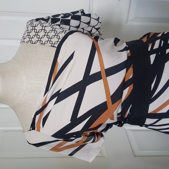 💐 Vintage 80s NEW YORK & COMPANY Dress Ivory Black Rust Tie Waist SIZE 12 - Picture 5 of 8